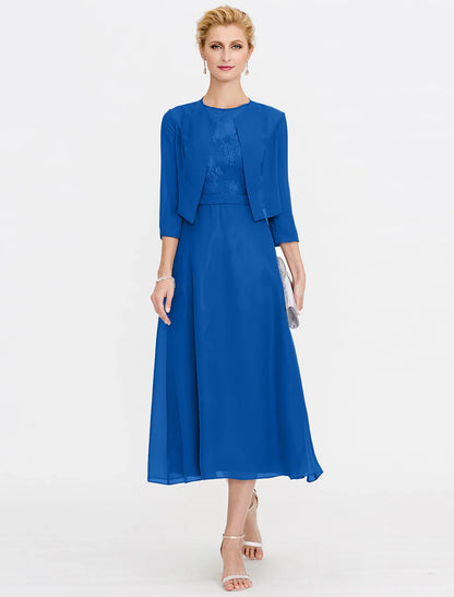 A-Line Mother of the Bride Dress Fall Wedding Guest Dresses Plus Size Elegant Illusion Neck Tea Length Chiffon Corded Lace Sleeveless Wrap Included with Lace Pleats