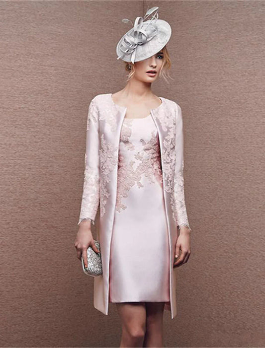 Two Piece Sheath / Column Mother of the Bride Dress Fall Wedding Guest Dresses Church Plus Size Elegant Scoop Neck Knee Length Satin Lace Sleeveless Wrap Included Jacket Dresses with Appliques