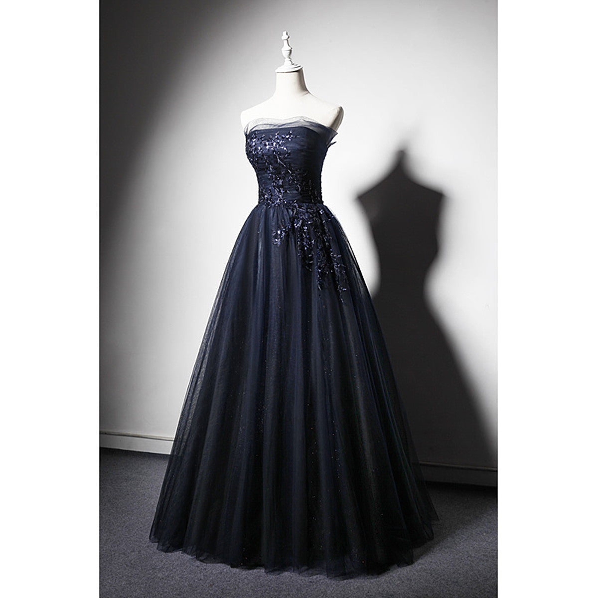 Navy Blue A-Line Tulle Prom Dress Long Corset Wedding Guest Outfit