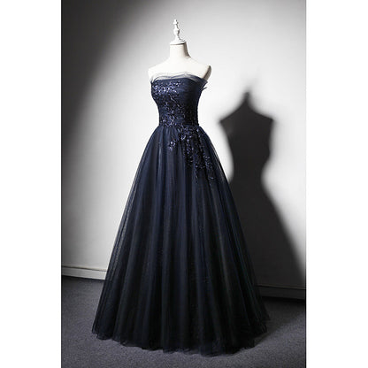Navy Blue A-Line Tulle Prom Dress Long Corset Wedding Guest Outfit