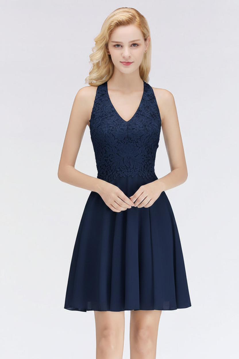 V-Neck Knee Length Floral Lace Birdesmaid Dresses