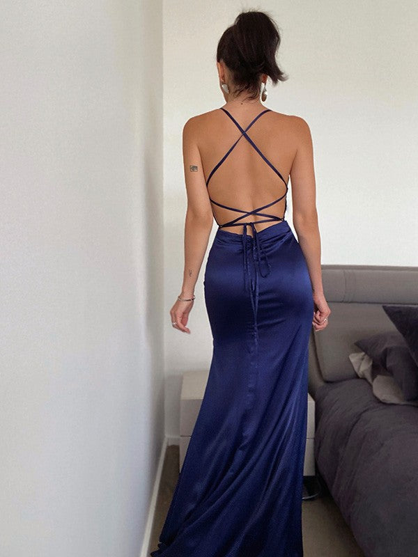 Navy Blue Mermaid Prom Dress Split Ruffle Satin Party Dress