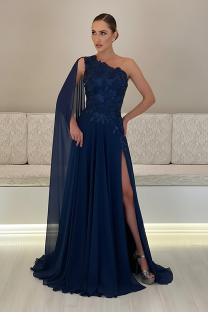 One-Shoulder Sleeveless Chiffon Evening Dresses Long with Side Slit