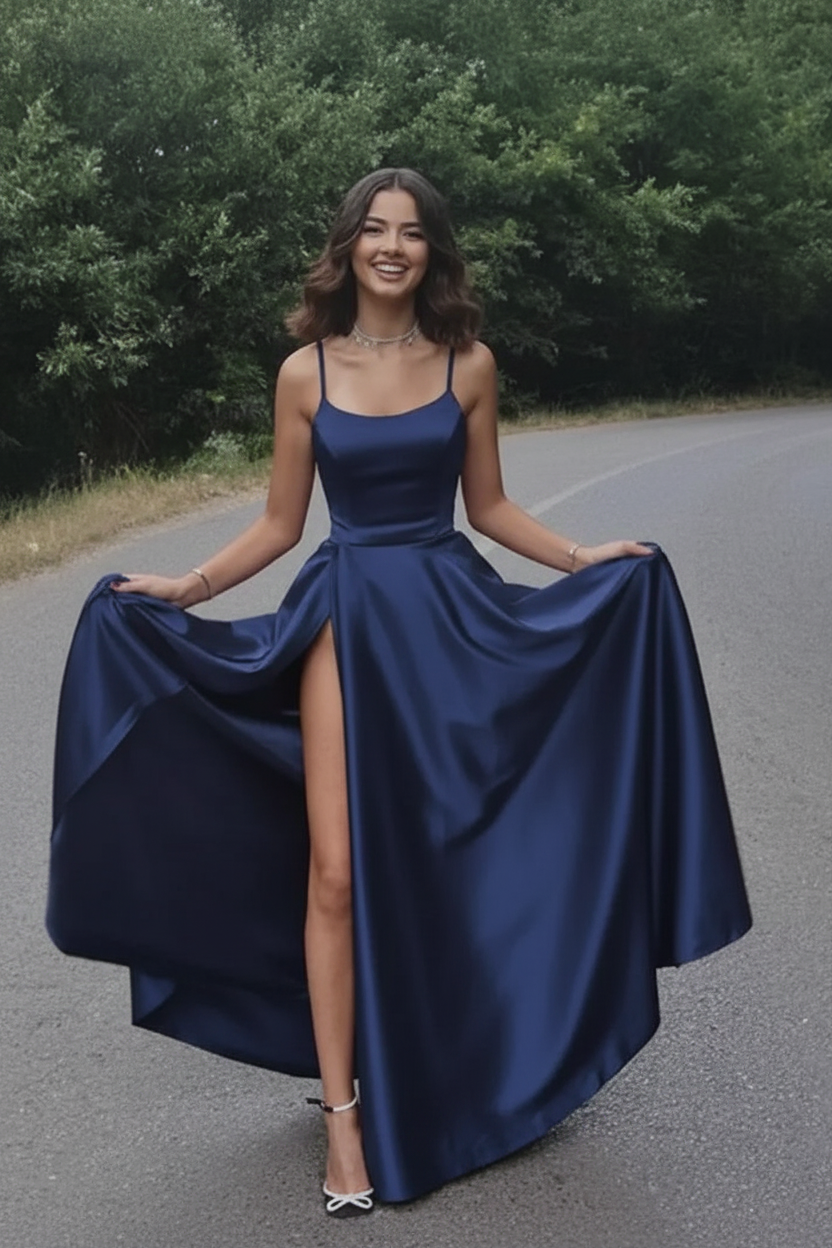Simple A Line Red Satin Prom Dresses Long with High Slit Formal Graduation Evening Dresses