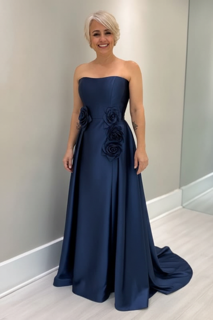 Dusty Blue Satin Mother of the Bride Dress Strapless with Flowers