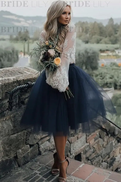Blue Simple Wedding Dress A Line Designed Neckline Lace Tulle Bridal Gowns