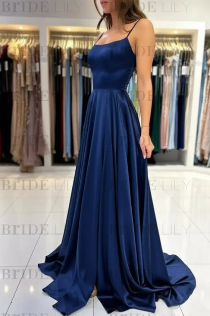 Spaghetti Straps Simple Satin Long Prom Dress with Slit