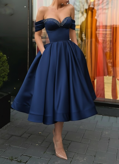 Off Shoulder Satin Tea Length Prom Dresses Sequins Pink Formal Graduation Evening Dresses