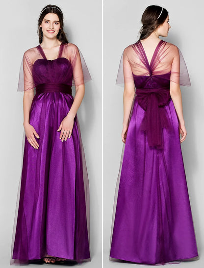 DingjiA-Line Bridesmaid Dress Straps Sleeveless Convertible Dress Floor Length Tulle with Ruched / Side Draping