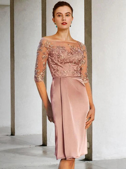 Sheath / Column Mother of the Bride Dress Vintage Elegant Jewel Neck Knee Length Lace Charmeuse Half Sleeve with Appliques