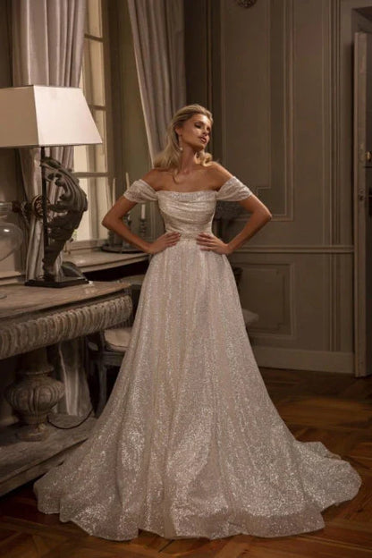 Elegant Wedding Dress Off The Shoulder A Line Sparkly Bridal Dress Floor Length