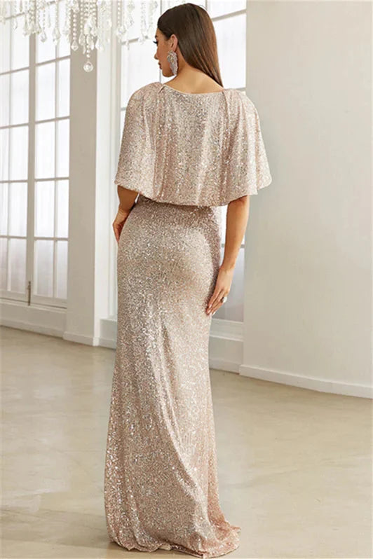 New Arrival Sequins V-Neck Mermaid Evening Dress Long With Cape