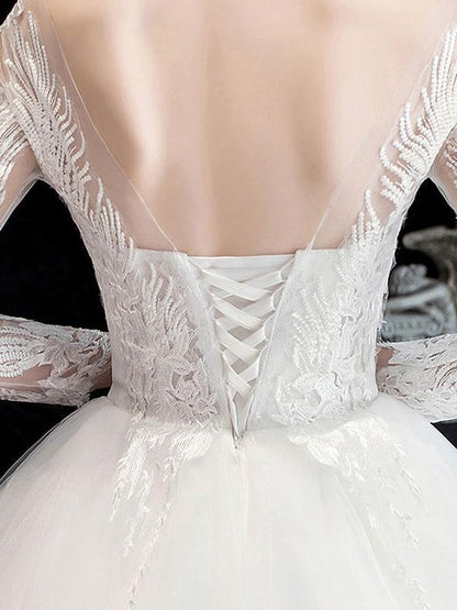 New White Wedding Dress Ball Gown Cathedral Train Jewel Neck 3/4 Length Sleeves Natural Waist Applique Satin Fabric Bridal Dresses