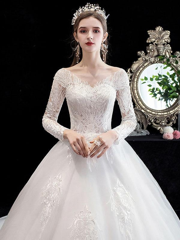 New White Wedding Dress Ball Gown Cathedral Train Jewel Neck 3/4 Length Sleeves Natural Waist Applique Satin Fabric Bridal Dresses