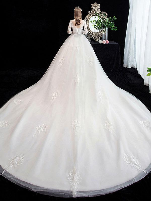 New White Wedding Dress Ball Gown Cathedral Train Jewel Neck 3/4 Length Sleeves Natural Waist Applique Satin Fabric Bridal Dresses