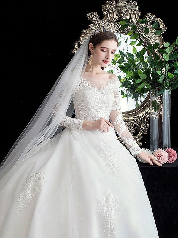 New White Wedding Dress Ball Gown Cathedral Train Jewel Neck 3/4 Length Sleeves Natural Waist Applique Satin Fabric Bridal Dresses