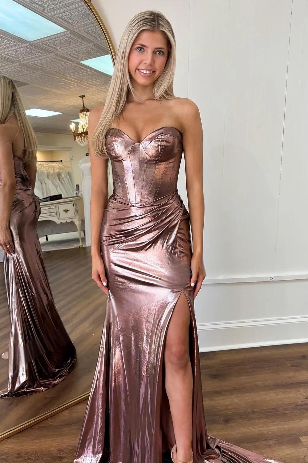 Fashion Sweet Brown Sparkly Mermaid Satin Prom Dresses