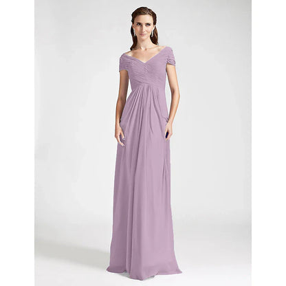Sheath / Column Bridesmaid Dress V Neck / Off Shoulder Short Sleeve Open Back Floor Length Chiffon with Criss Cross / Draping