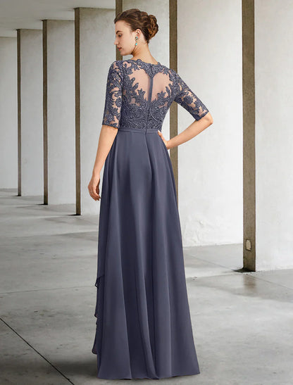 A-Line Mother of the Bride Dress Formal Wedding Guest Elegant Scoop Neck Floor Length Chiffon Lace Half Sleeve with Bow(s) Sequin