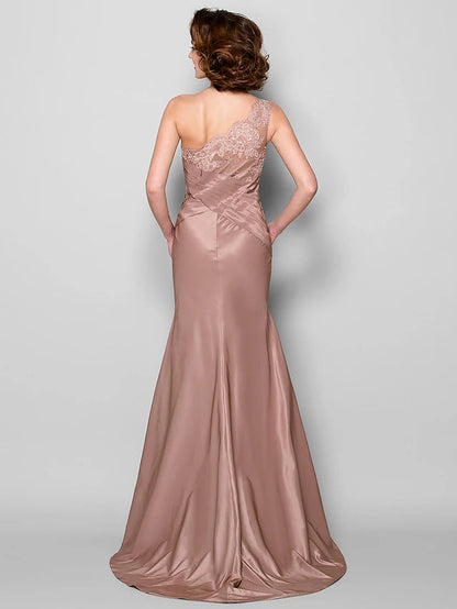Mermaid / Trumpet Mother of the Bride Dress Floral One Shoulder Sweep / Brush Train Lace Taffeta Sleeveless