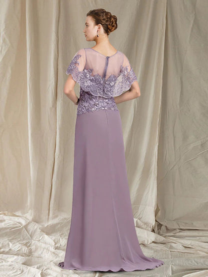 Sheath / Column Mother of the Bride Dress Elegant Jewel Neck Sweep / Brush Train Chiffon Lace Sleeveless with Ruffles