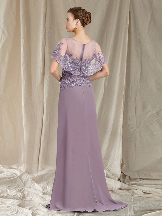 Sheath / Column Mother of the Bride Dress Elegant Jewel Neck Sweep / Brush Train Chiffon Lace Sleeveless with Ruffles Appliques