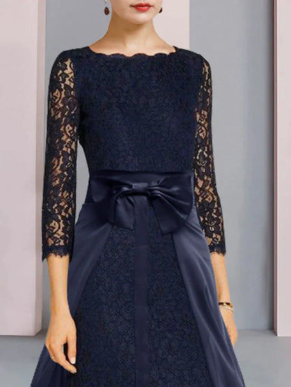 Two Piece Sheath / Column Mother of the Bride Dress Formal Wedding Guest Elegant Scoop Neck Knee Length Chiffon Lace 3/4 Length Sleeve with Bow(s)