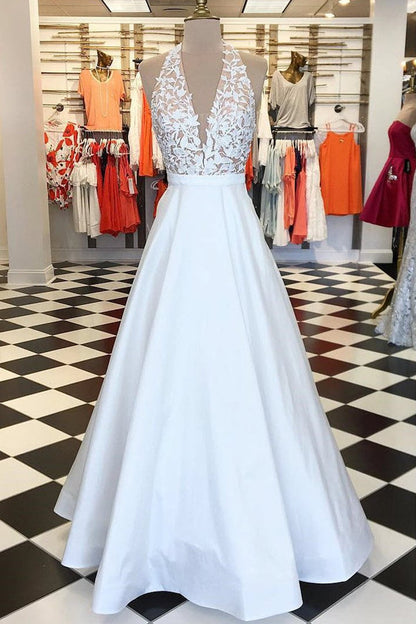 Halter Sweep Train Appliques Lace Prom Dresses