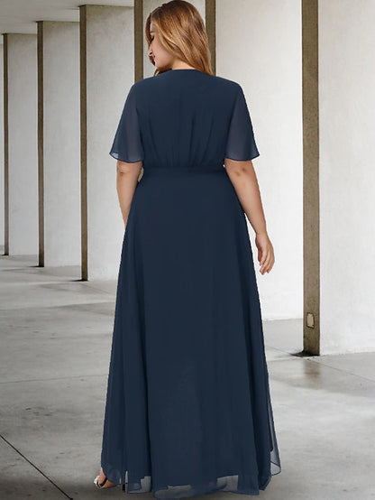 A-Line Plus Size Curve Mother of the Bride Dresses Elegant Dress Formal Asymmetrical Short Sleeve V Neck Chiffon with Bow(s)