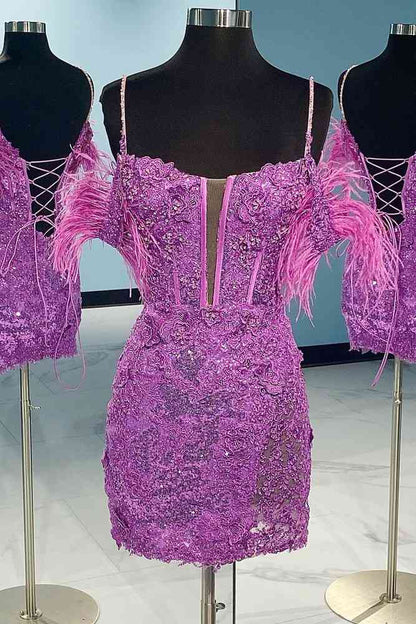 Dark Periwinkle Cold-Shoulder Feather Mini Homecoming Dress
