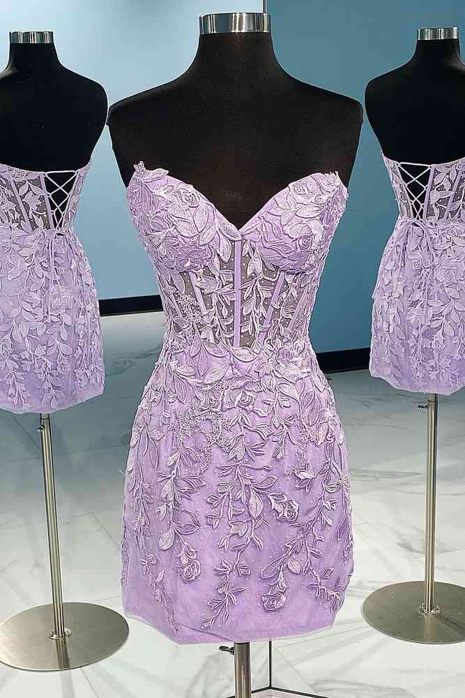 Lace Appliques Strapless Lace-Up Sleeveless Mini Homecoming Dress