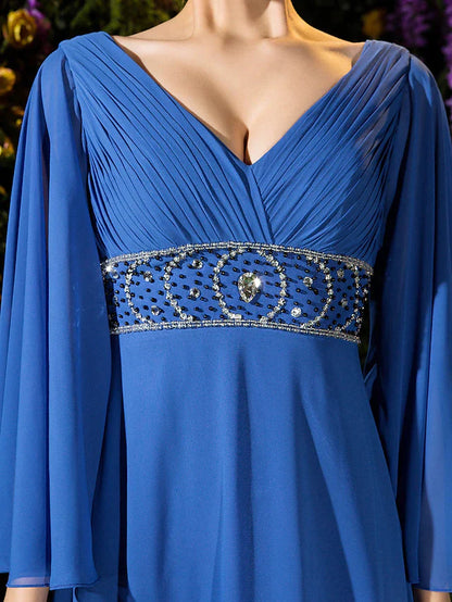 A-Line Mother of the Bride Dress Vintage Inspired V Neck Floor Length Chiffon Long Sleeve with Crystals Beading Side Draping