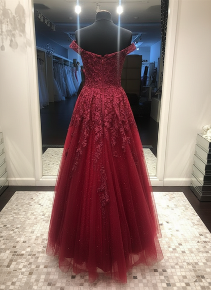 Off Shoulder Burgundy Lace Prom Dress Long A-Line Evening Gown