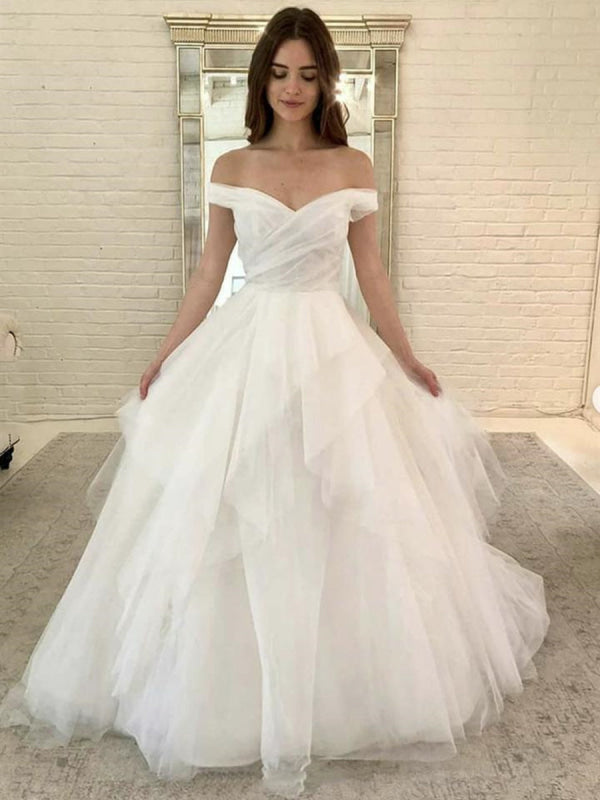 Off Shoulder Fuffy White Ball Gown Wedding Dress Tulle