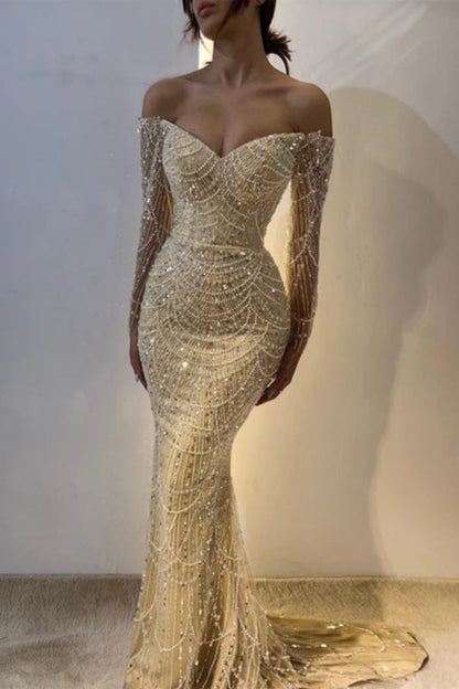 Off Shoulder Long Sleeves Mermaid Prom Dress Beadings Long Evening Dress