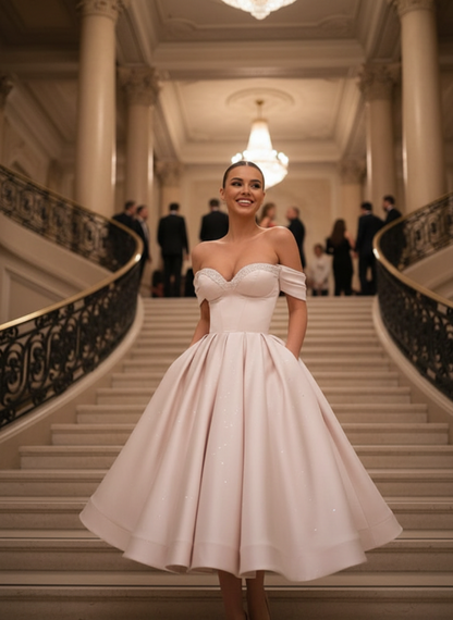 Off Shoulder Satin Tea Length Prom Dresses Sequins Pink Formal Graduation Evening Dresses