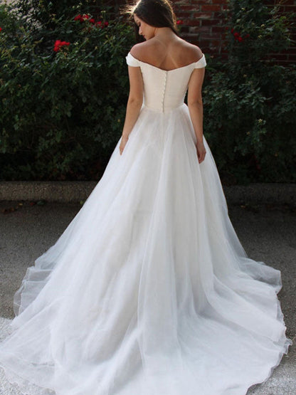Off Shoulder White Tulle Long Prom Dresses Aline White Formal Graduation Evening Dresses