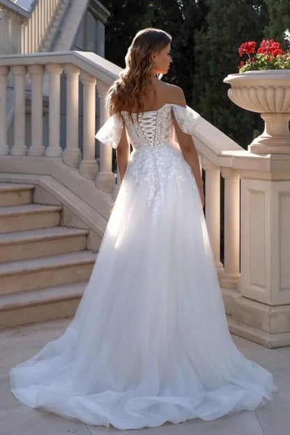 Off-the-Shoulder A-Line Lace Applique Wedding Dress