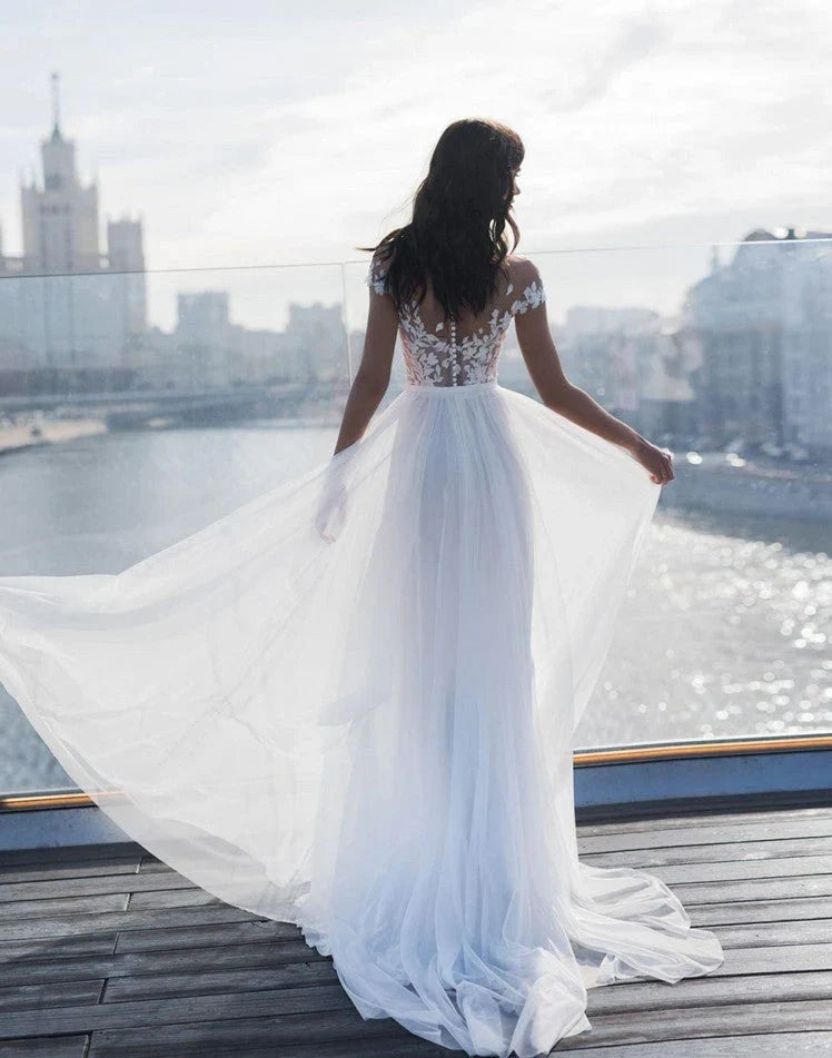 Off The Shoulder Appliques A Line Wedding Dress Side Split Tulle Bridal Dress Elegant