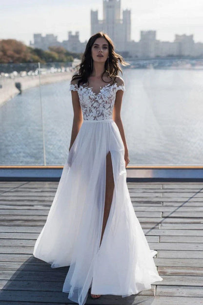 Off The Shoulder Appliques A Line Wedding Dress Side Split Tulle Bridal Dress Elegant