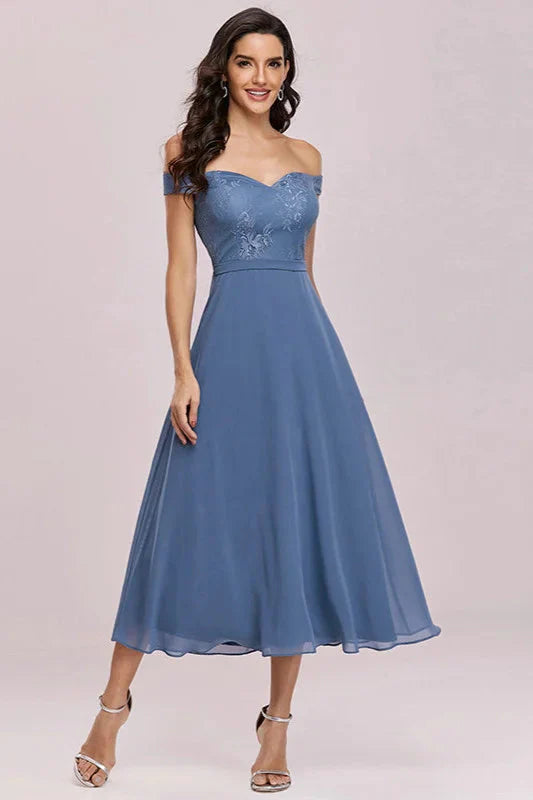 Off-the-Shoulder Dusty Blue Lace Evening Gown