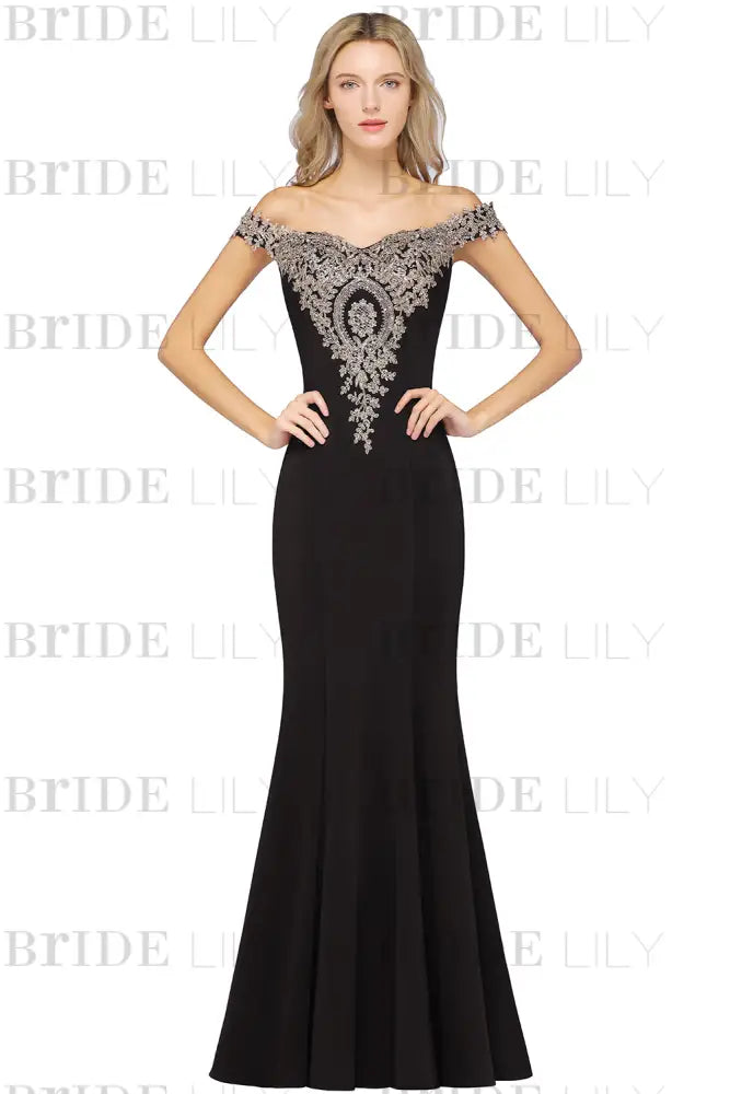 Off-the-Shoulder Formal Gown Gold Lace Applique Floor Length Mermaid Evening Dress