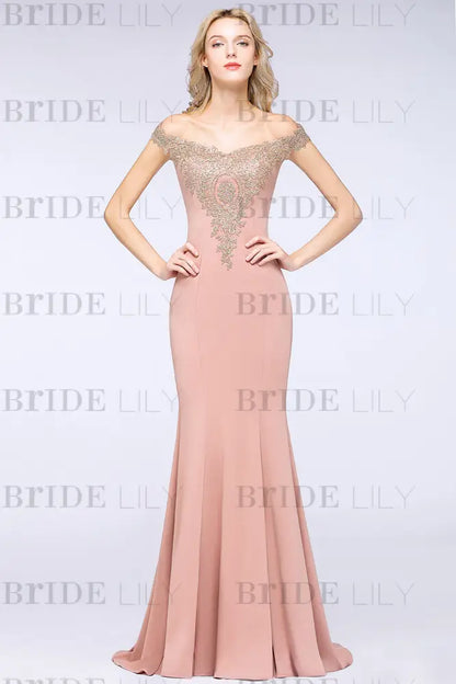 Off-the-Shoulder Formal Gown Gold Lace Applique Floor Length Mermaid Evening Dress