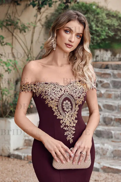 Off-the-Shoulder Formal Gown Gold Lace Applique Floor Length Mermaid Evening Dress