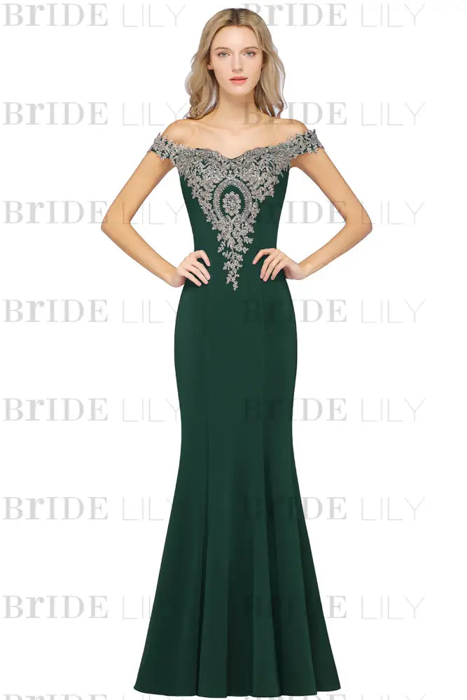Off-the-Shoulder Formal Gown Gold Lace Applique Floor Length Mermaid Evening Dress