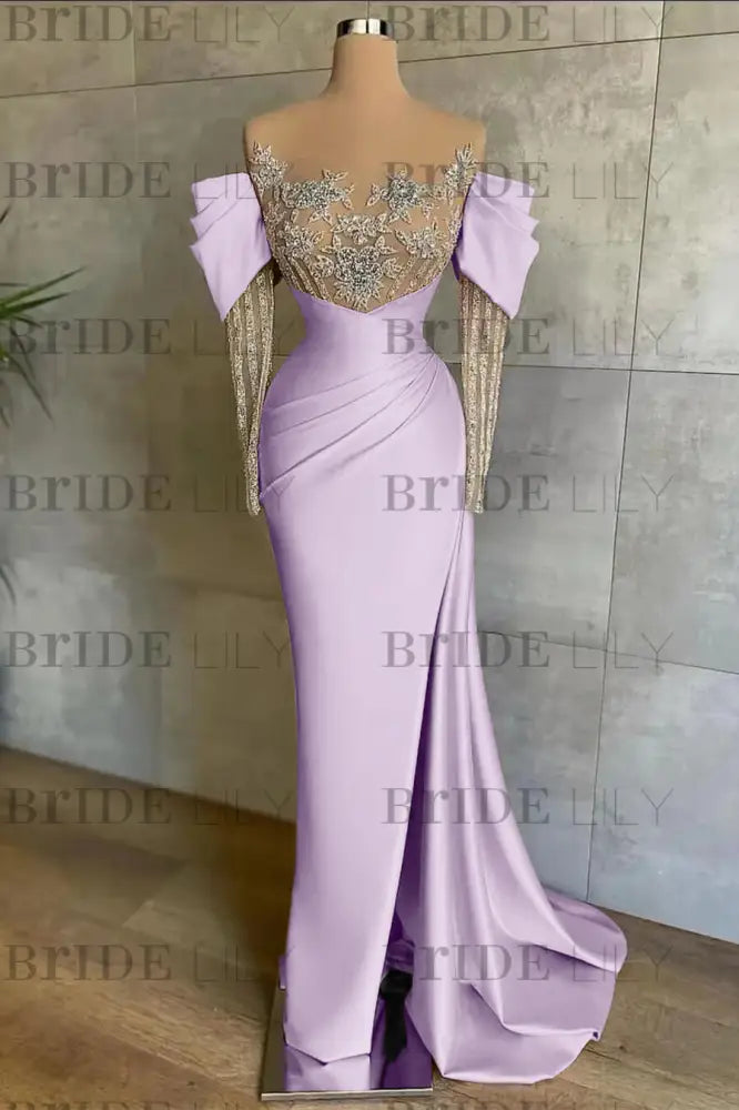 Off-The-Shoulder Front Split Mermaid Long Sleeves Prom Dress Pink With Beadings and Appliques