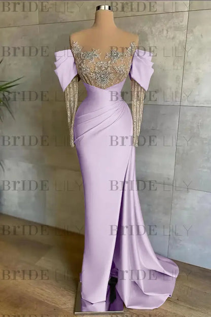 Off-The-Shoulder Front Split Mermaid Long Sleeves Prom Dress Pink With Beadings and Appliques