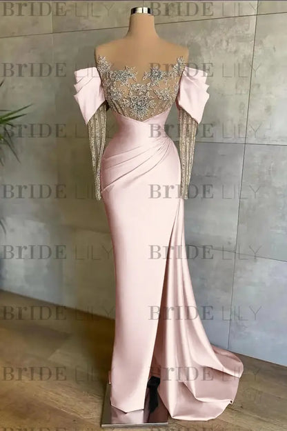 Off-The-Shoulder Front Split Mermaid Long Sleeves Prom Dress Pink With Beadings and Appliques