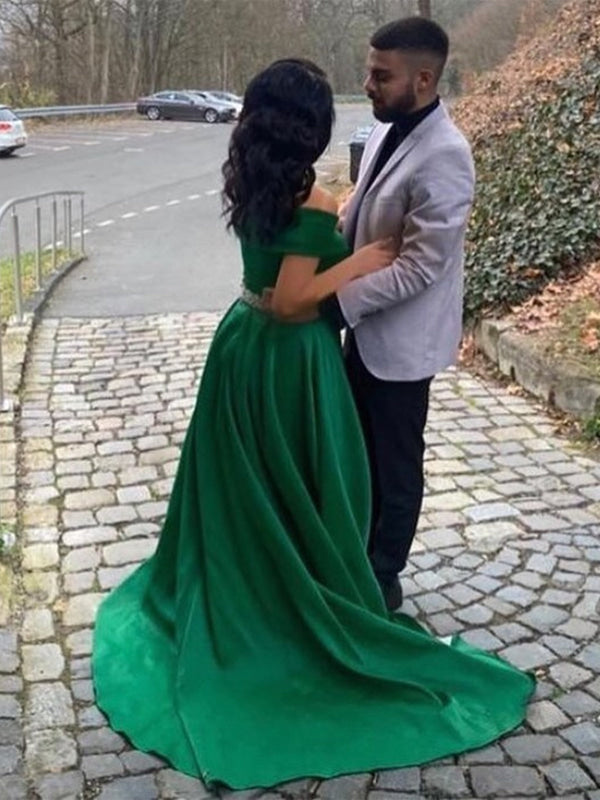 Off the Shoulder Green Satin Long Prom Dresses with Belt, Off Shoulder Green Formal Graduation Evening Dresses