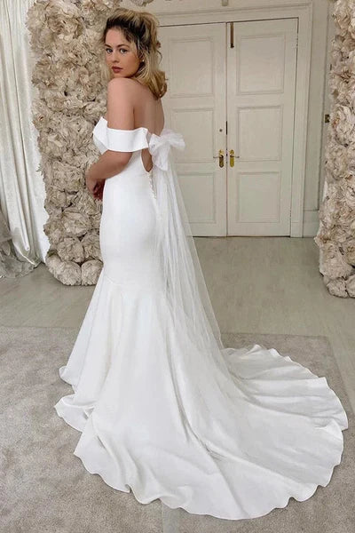 Off the Shoulder Satin Mermaid Wedding Dress Simple Solid Color Sexy